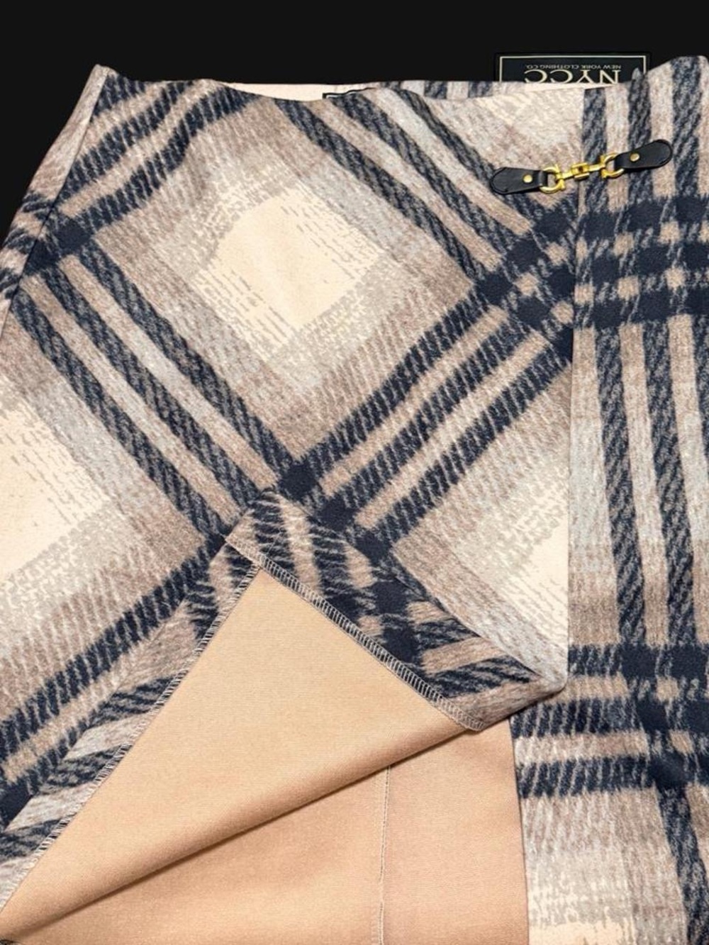 New York & Company Navy and Cream Plaid  Skirt with Gold Buckle - Picture 3 of 5